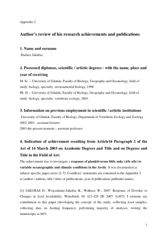 Authors review of his research achievements and publications  1. Name and surname  Dariusz