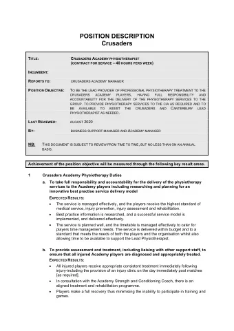 POSITION DESCRIPTION  Crusaders T ITLE : C RUSADERS A CADEMY PHYSIOTHERAPIST ( CONTRACT FOR SERVICE