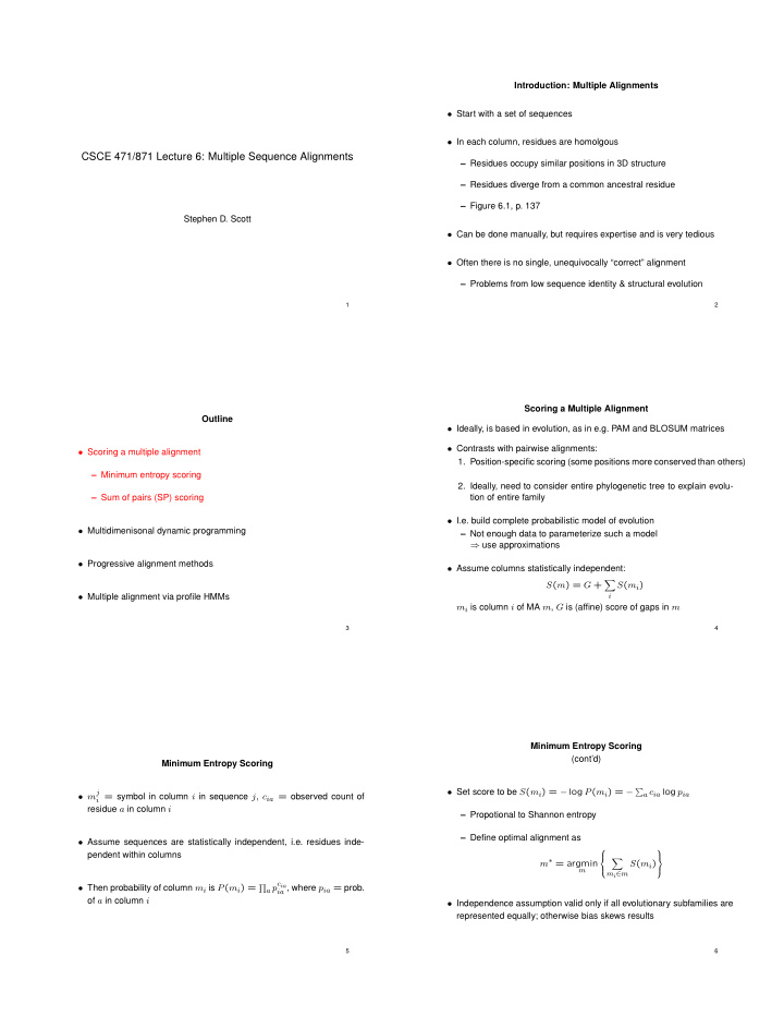 csce 471 871 lecture 6 multiple sequence alignments