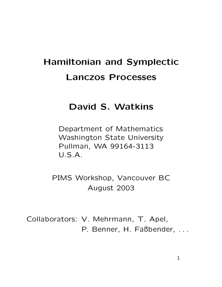 hamiltonian and symplectic lanczos processes david s