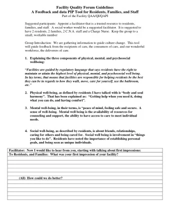 Facility Quality Forum Guidelines  A Feedback and data PIP Tool for Residents, Families, and Staff