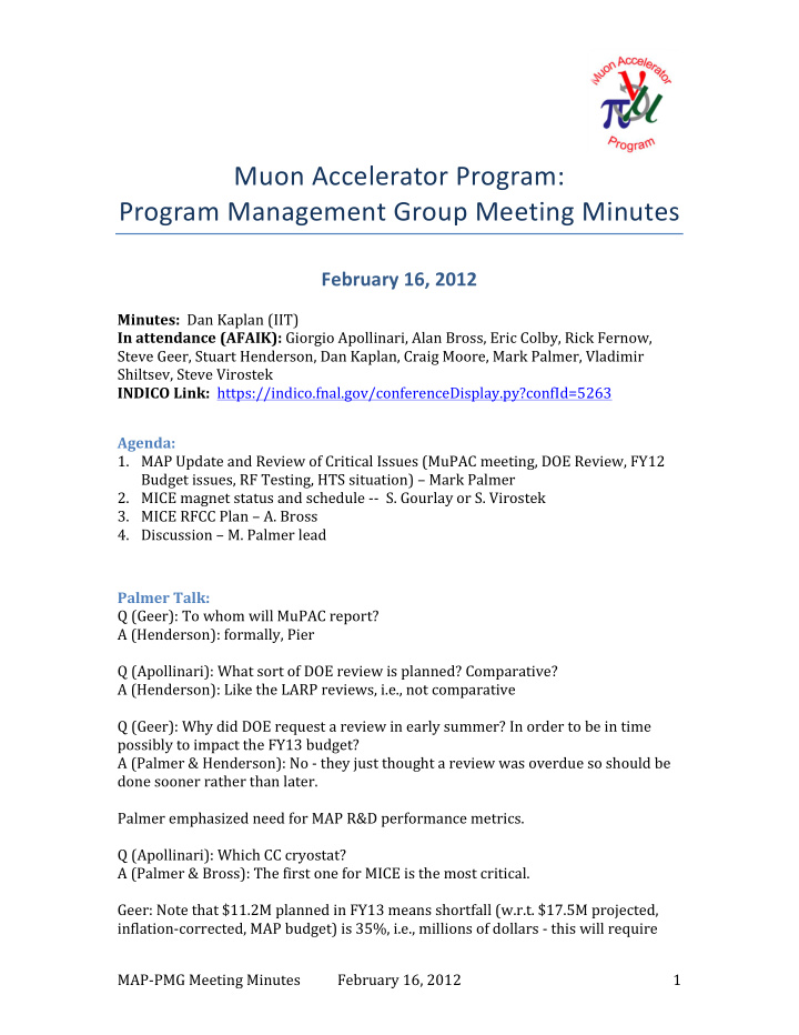 muon accelerator program program management group meeting