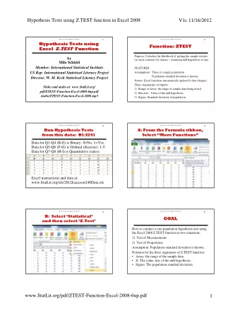 Hypothesis Tests using Z.TEST function in Excel 2008  V1c 11/16/2012  Hypothesis Tests [Excel