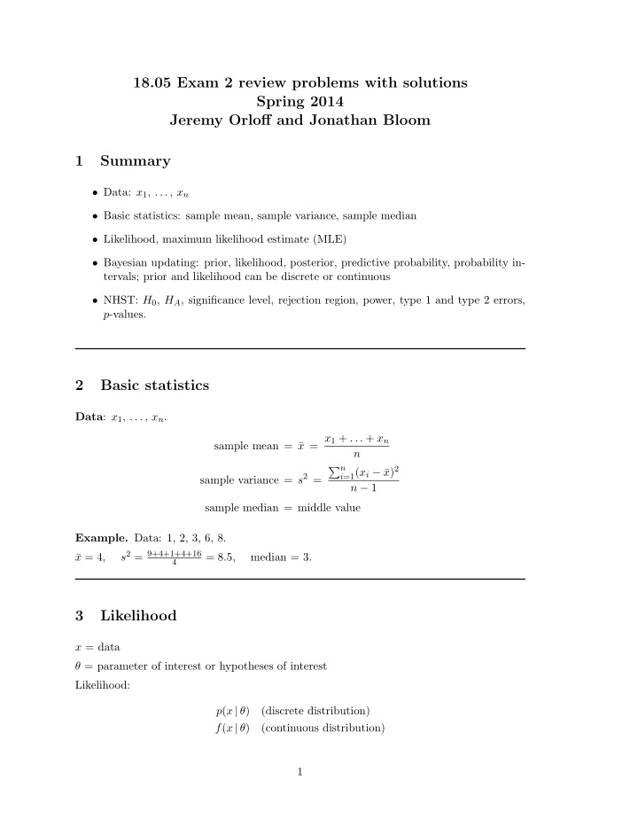 18 05 exam 2 review problems with solutions spring 2014