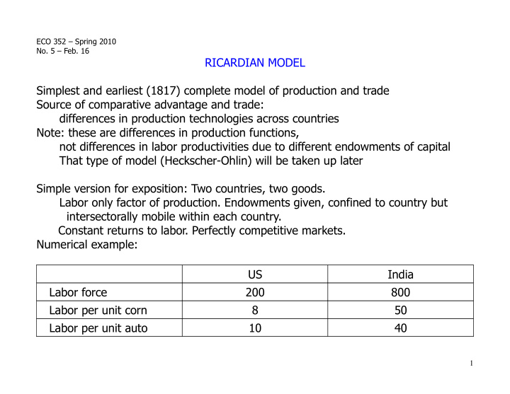 ricardian model simplest and earliest 1817 complete model