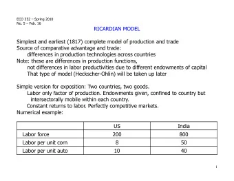RICARDIAN MODEL  Simplest and earliest (1817) complete model of production and trade  Source of