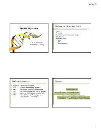 10/16/19  Parameters and Parameter Tuning  Genetic Algorithms   History   Taxonomy