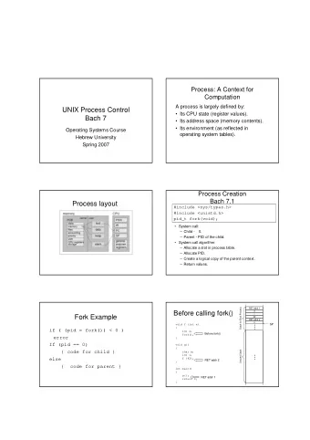 UNIX Process Control   Its CPU state (register values).  Bach 7   Its address space (memory