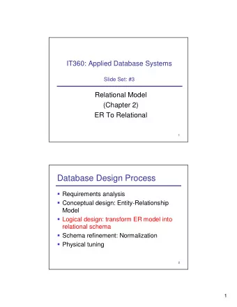 Database Design Process  Requirements analysis  Conceptual design: Entity-Relationship  Model