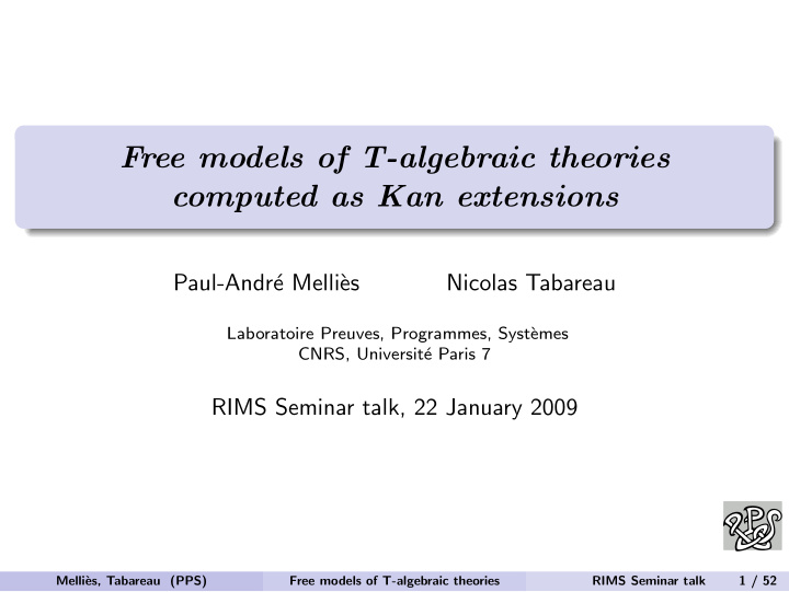 free models of t algebraic theories computed as kan