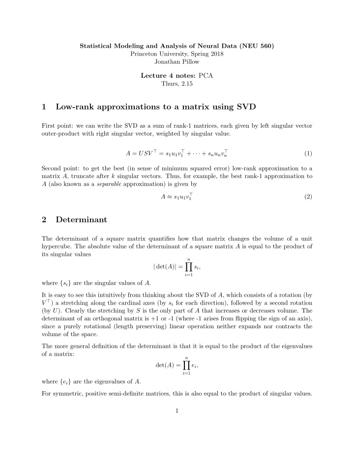 1 low rank approximations to a matrix using svd