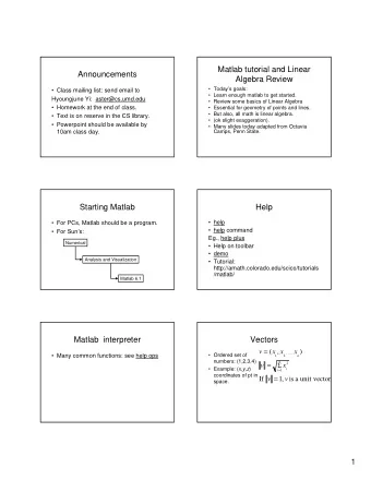 Help  help  For PCs, Matlab should be a program.  help command  For Suns: Eg ., help