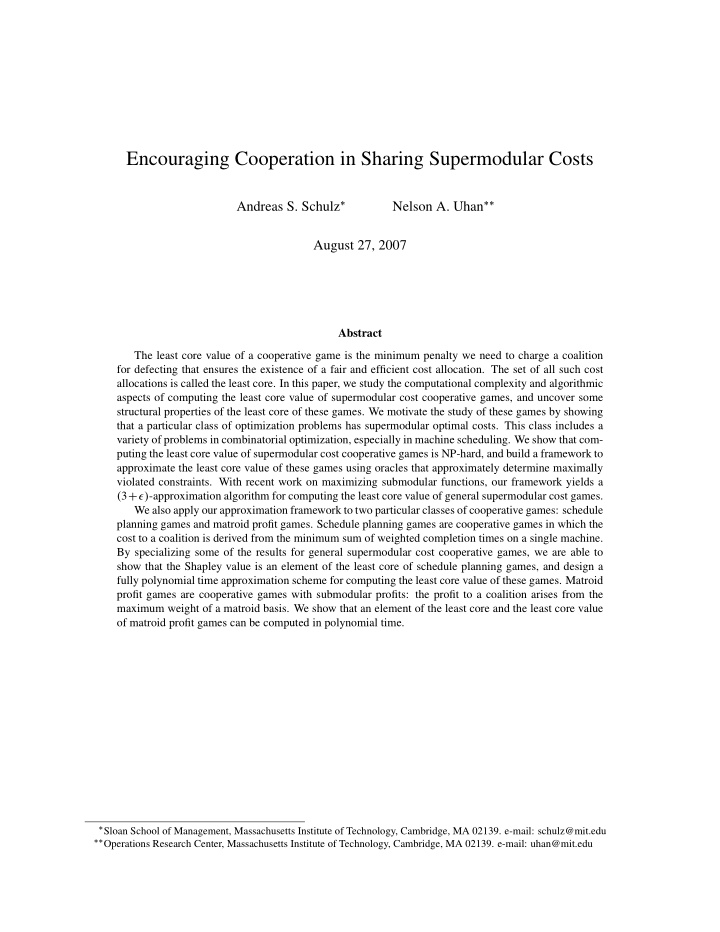 encouraging cooperation in sharing supermodular costs