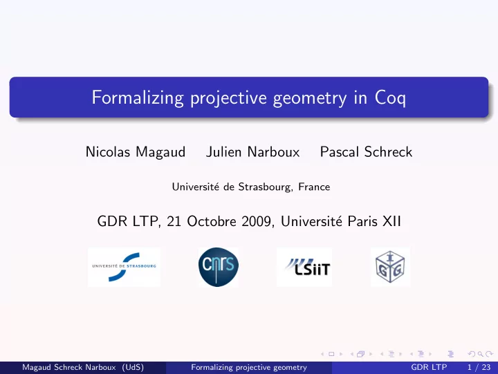 formalizing projective geometry in coq