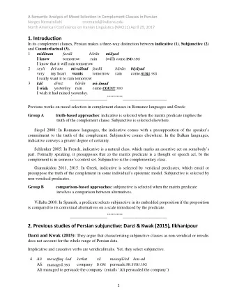 1. Introduction In its complement clauses, Persian makes a three-way distinction between indicative