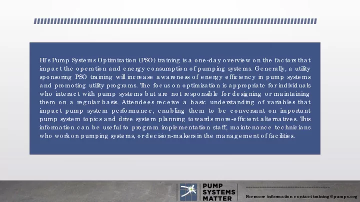 hi s pump syste ms op timiza tio n pso tra ining is a o
