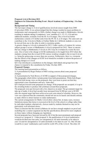 Proposed A-level Revision 2012 Engineers for Education Briefing Event : Royal Academy of