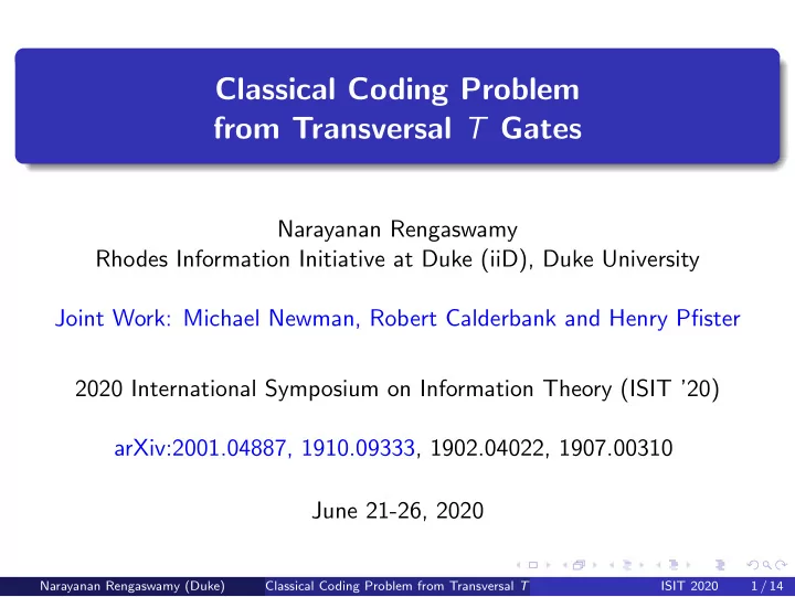 classical coding problem from transversal t gates