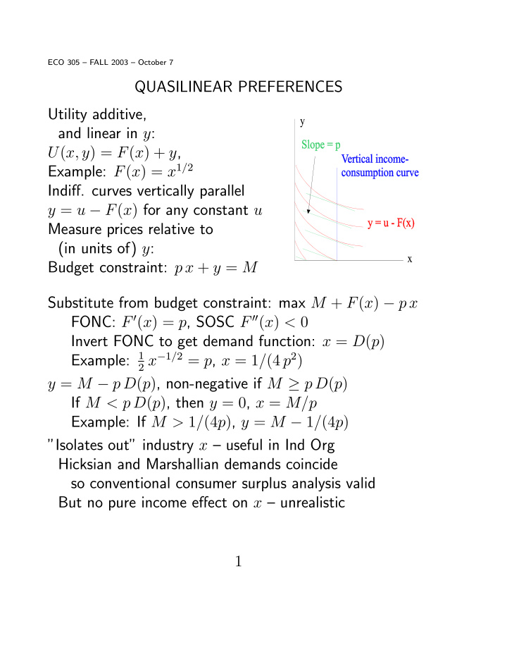 quasilinear preferences utility additive