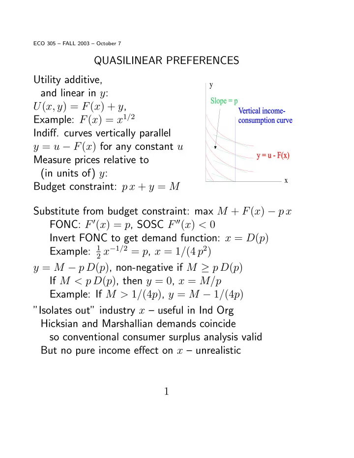 quasilinear preferences utility additive