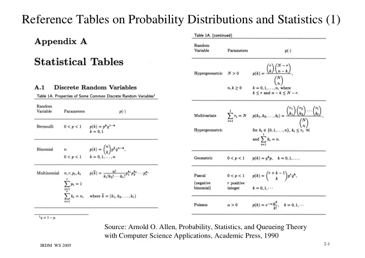 reference tables on probability distributions and