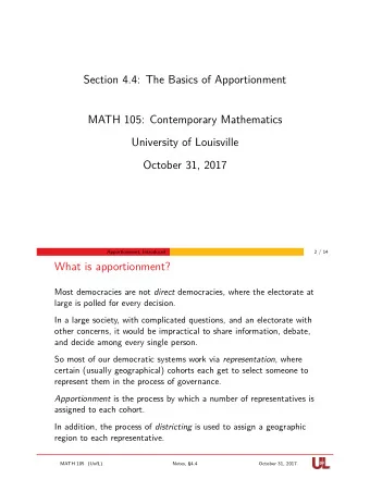 Section 4.4: The Basics of Apportionment  MATH 105: Contemporary Mathematics  University of