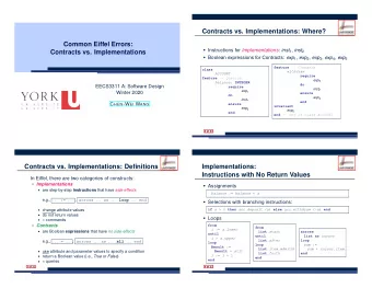 Contracts vs. Implementations: Where?  Common Eiffel Errors:  Instructions for Implementations :