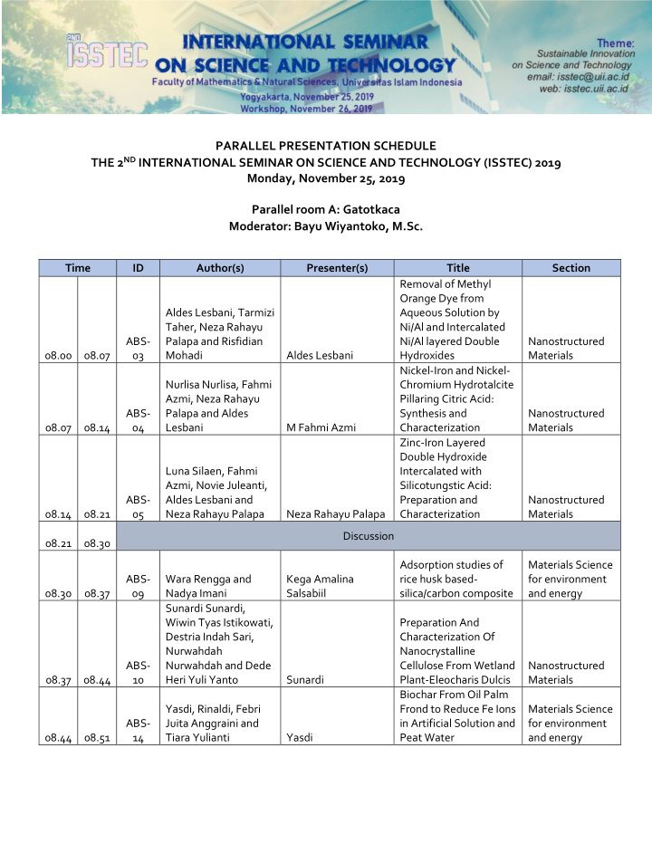 parallel presentation schedule the 2 nd international