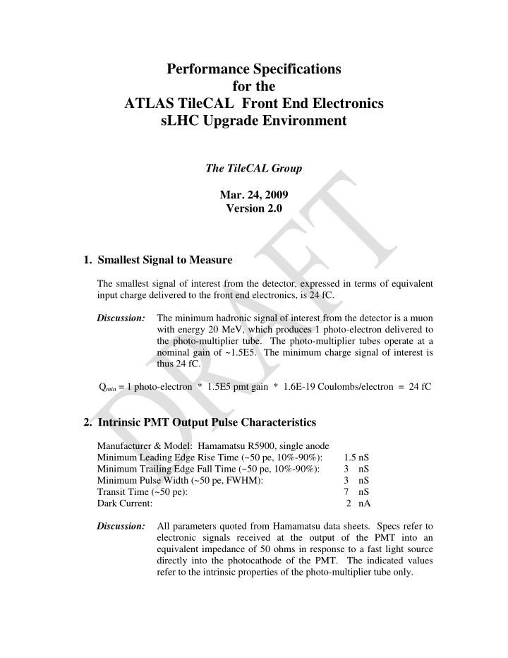 performance specifications for the atlas tilecal front