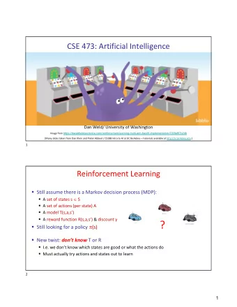 ?  Still looking for a policy p (s)  New twist: dont know T or R  I.e. we dont know