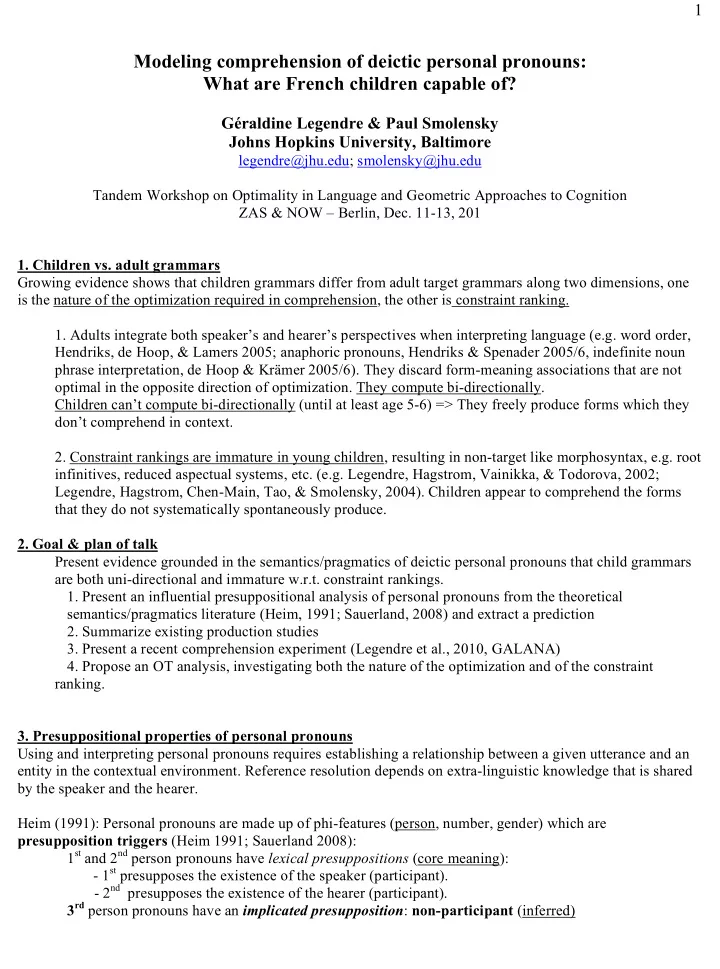 modeling comprehension of deictic personal pronouns