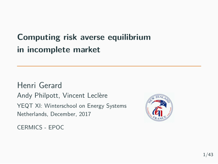 computing risk averse equilibrium in incomplete market