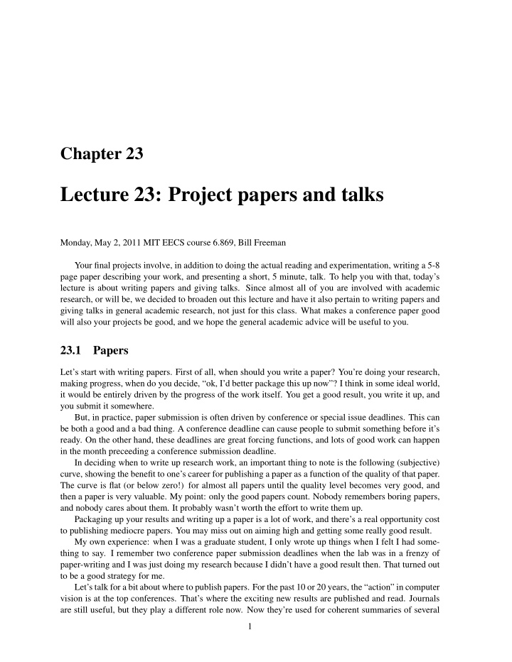 lecture 23 project papers and talks