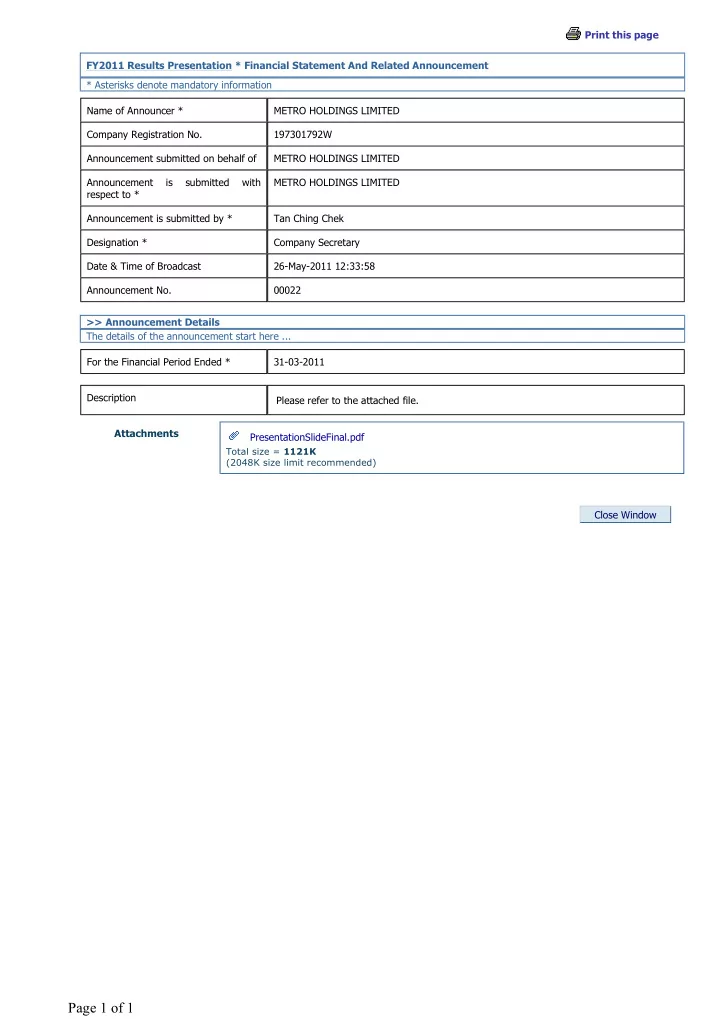 page 1 of 1 metro holdings limited metro holdings limited