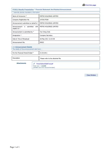 Page 1 of 1  METRO HOLDINGS LIMITED  METRO HOLDINGS LIMITED  FY2011 RESULTS PRESENTATION  FY2011