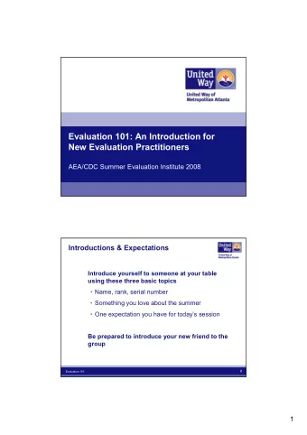 Evaluation 101: An Introduction for  New Evaluation Practitioners  AEA/CDC Summer Evaluation