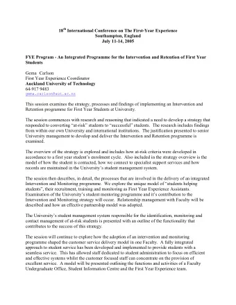 18 th International Conference on The First-Year Experience  Southampton, England  July 11-14, 2005