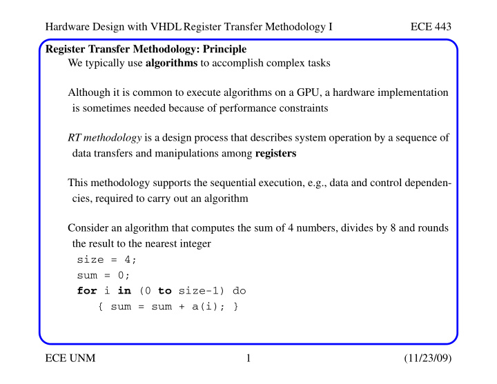 hardware design with vhdl register transfer methodology i