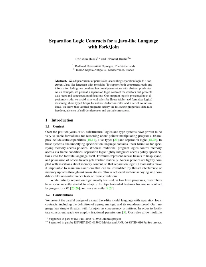 separation logic contracts for a java like language with