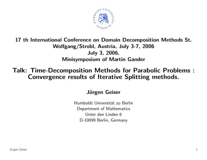 talk time decomposition methods for parabolic problems