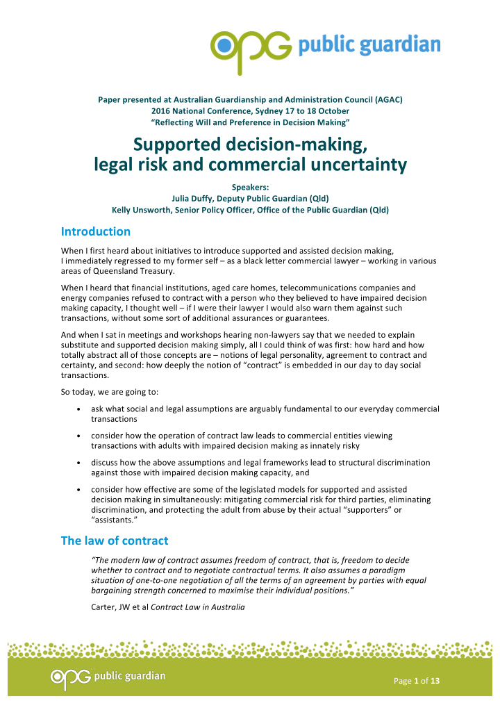 supported decision making legal risk and commercial
