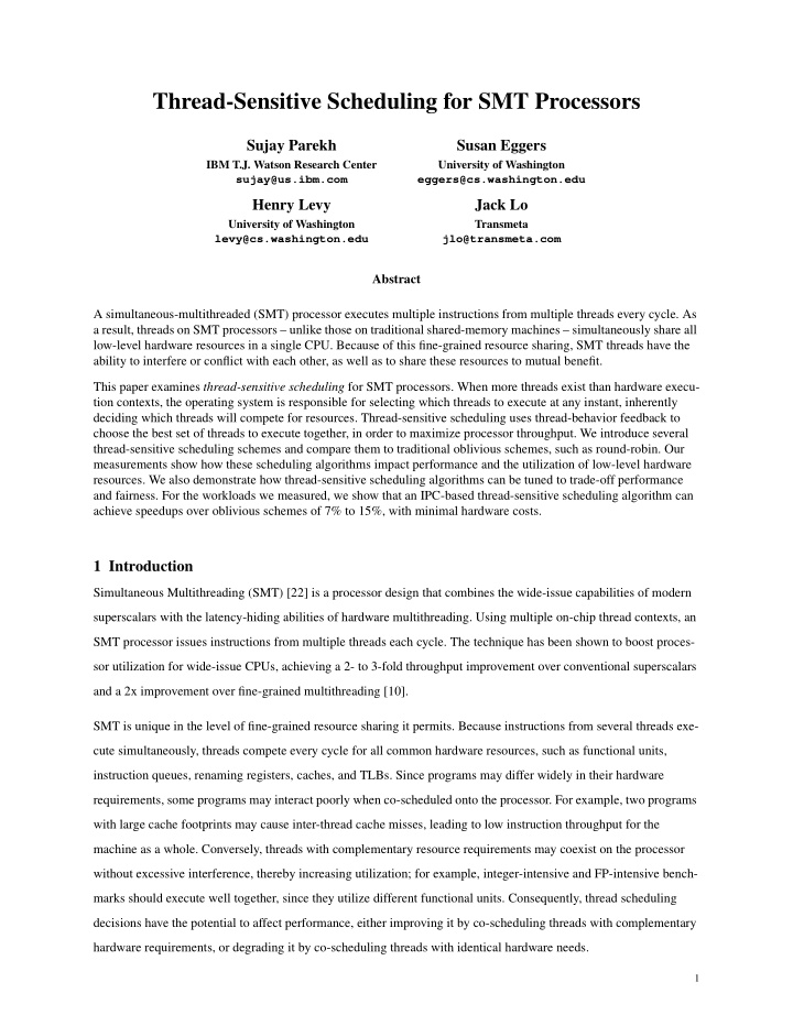 thread sensitive scheduling for smt processors