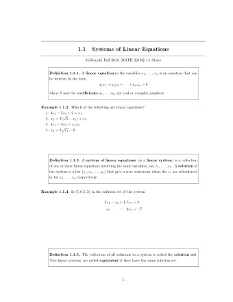 1.1  Systems of Linear Equations  McDonald Fall 2018, MATH 2210Q 1.1 Slides Definition 1.1.1. A