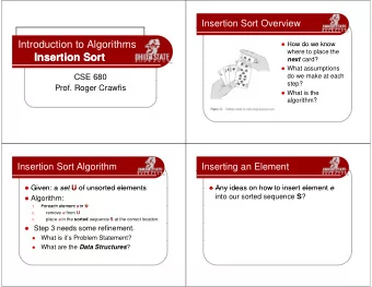 Insertion Sort  Insertion Sort next card?  What assumptions  do we make at each  CSE 680  step?