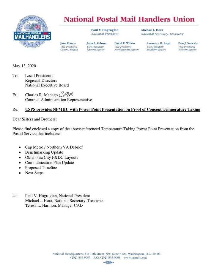 may 13 2020 to local presidents regional directors