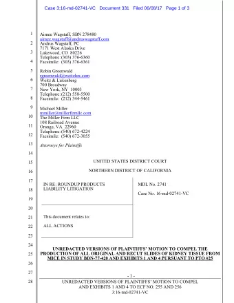 Case 3:16-md-02741-VC   Document 331   Filed 06/08/17   Page 1 of 3  1  Aimee Wagstaff, SBN 278480