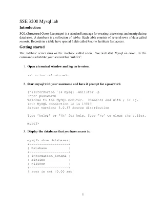 SSE 3200 Mysql lab  Introduction  SQL (Structured Query Language) is a standard language for