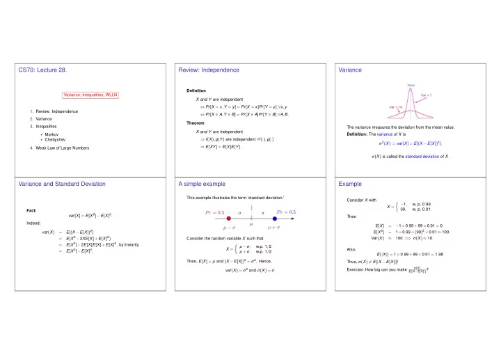 cs70 lecture 28 review independence variance