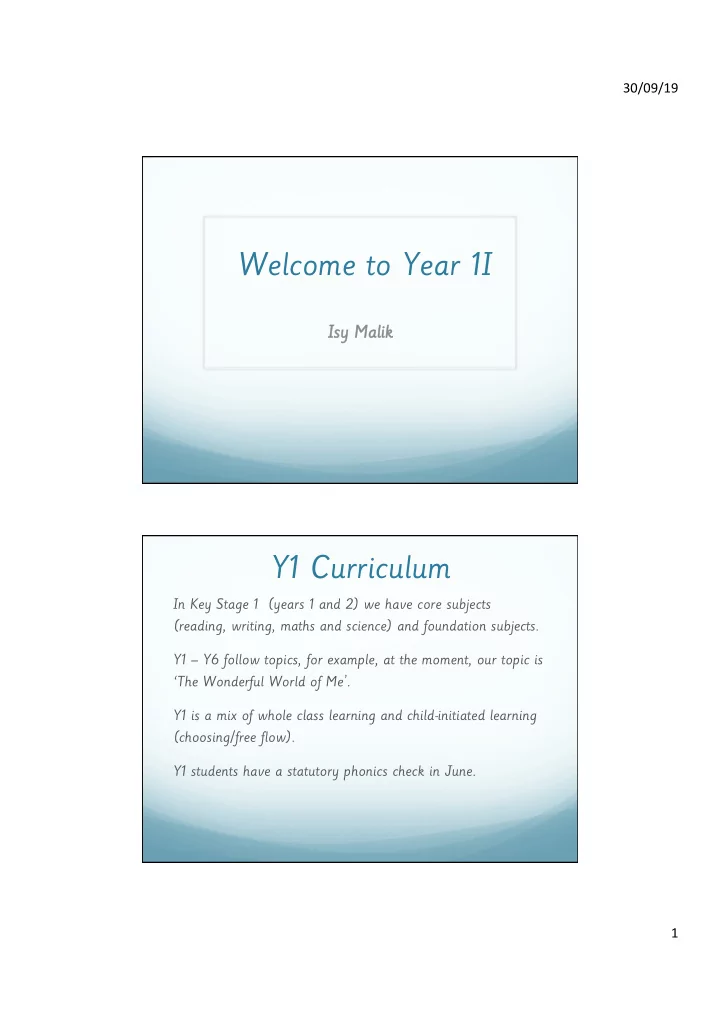welcome to year 1i