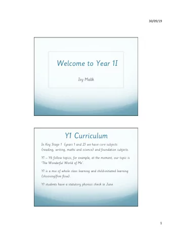 Welcome to Year 1I  Isy Malik Isy Malik Y1 Curriculum  In Key Stage 1  (years 1 and 2) we have core